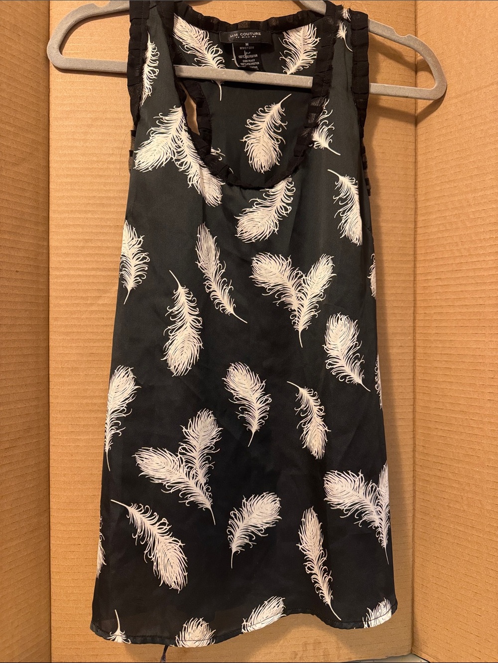 MM Couture Black Tank Top with White Feather Print